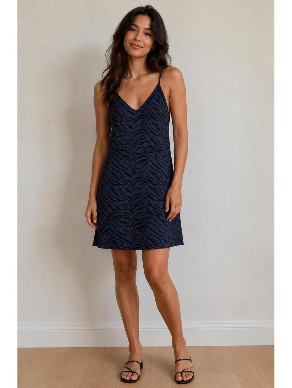 Rails Navy Blue Zebra Print Slip Dress with Spaghetti Straps